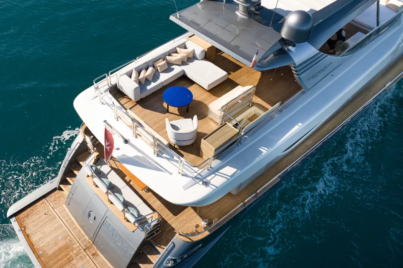 Mad Day Yacht Photos Pics Luxurious 2018 Canados 888 Evolution yacht with elegant deck seating on blue ocean.