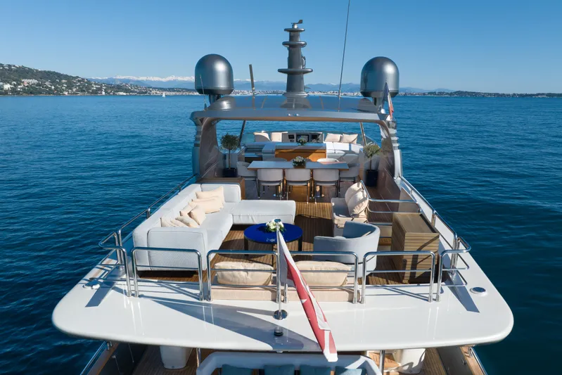 Mad Day Yacht Photos Pics Luxury Canados 888 Evolution yacht, 2018 model, cruising on serene blue waters.