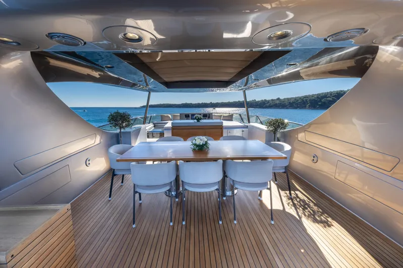 Mad Day Yacht Photos Pics Luxurious 2018 Canados 888 Evolution yacht with elegant outdoor dining area and ocean view.
