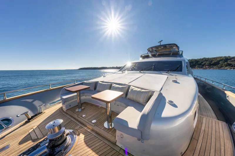 Mad Day Yacht Photos Pics Luxurious 2018 Canados 888 Evolution yacht deck with sunlit seating area and ocean view.