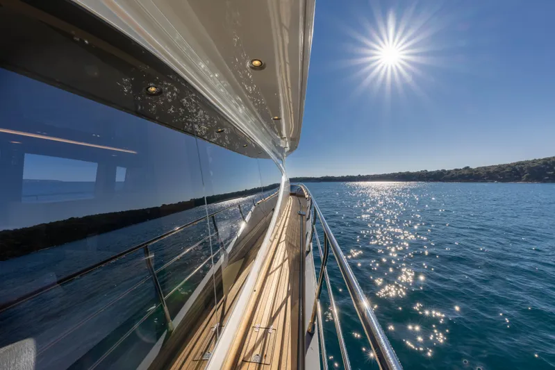 Mad Day Yacht Photos Pics 2018 Canados 888 Evolution yacht reflecting sunlight on serene water.