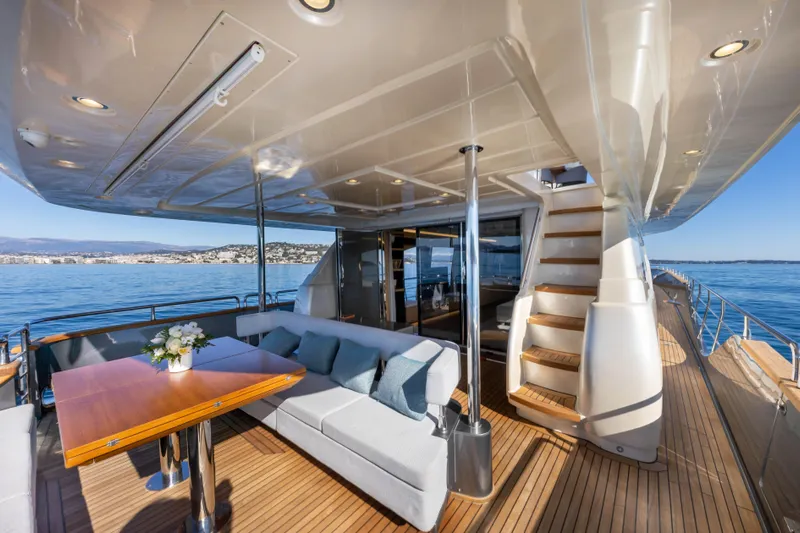 Mad Day Yacht Photos Pics Luxurious 2018 Canados 888 Evolution yacht deck with seating and ocean view.