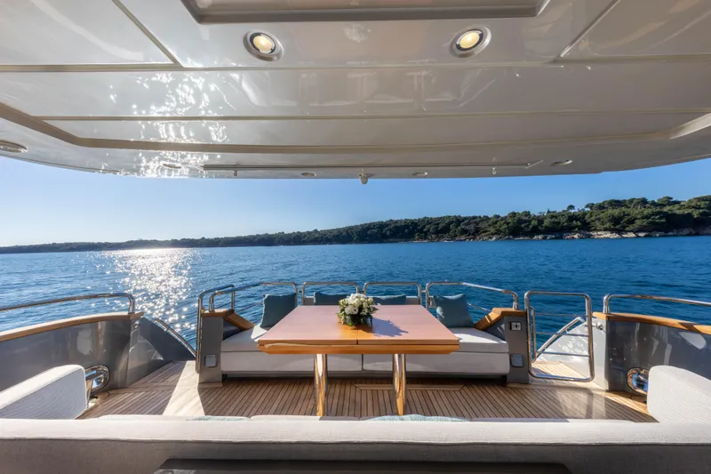 Mad Day Yacht Photos Pics Luxury Canados 888 Evolution yacht deck with ocean view, featuring elegant seating and table, 2018 model.