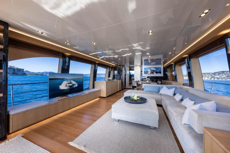 Mad Day Yacht Photos Pics Luxurious interior of 2018 Canados 888 Evolution yacht with panoramic ocean views.