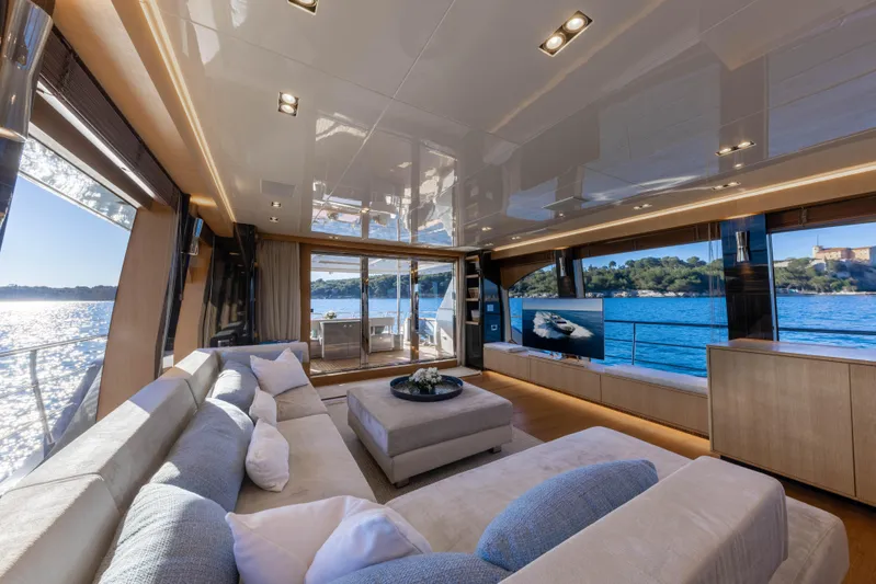 Mad Day Yacht Photos Pics Luxurious interior of 2018 Canados 888 Evolution yacht with panoramic ocean views.