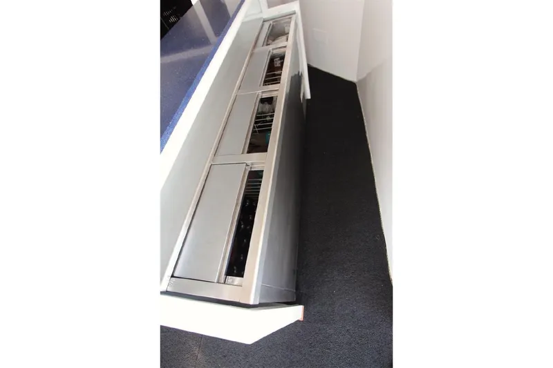  Yacht Photos Pics Stainless steel kitchen drawers in a 1987 Lurssen 110 yacht interior.