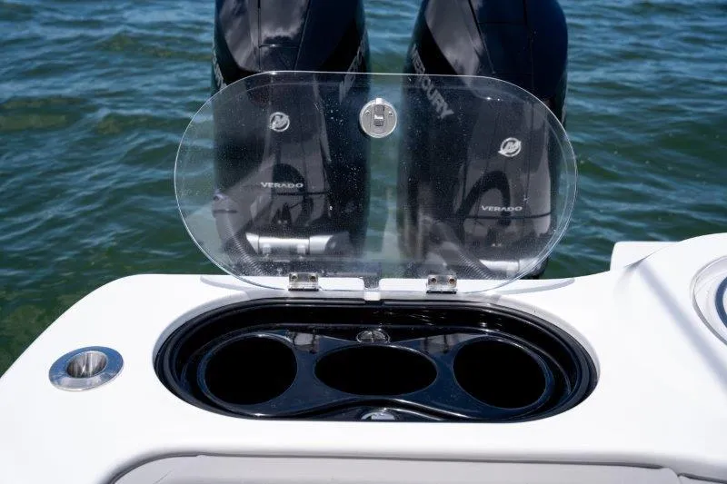  Yacht Photos Pics 2025 Invincible 46 Catamaran with dual Mercury Verado engines and cup holders.