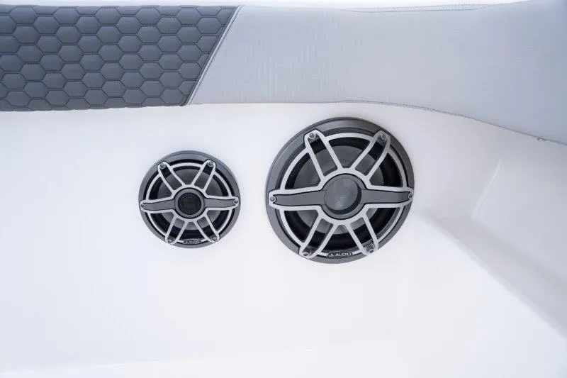  Yacht Photos Pics Speakers on 2025 Invincible 46 Catamaran with hexagonal pattern detail.