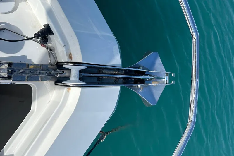  Yacht Photos Pics Bow anchor of 2020 Fairline Targa 45 Open yacht on turquoise water.