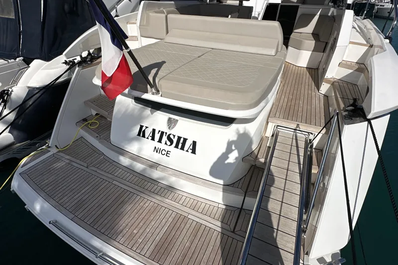  Yacht Photos Pics 2020 Fairline Targa 45 Open yacht with French flag, docked in Nice.