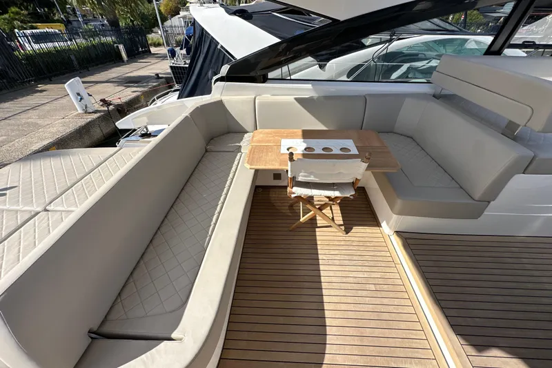  Yacht Photos Pics 2020 Fairline Targa 45 Open yacht with elegant seating and wooden deck.