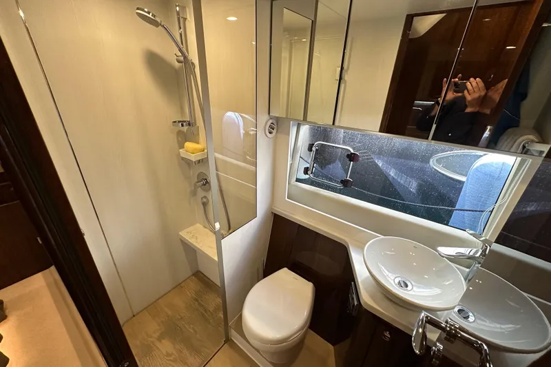  Yacht Photos Pics Luxurious bathroom in 2020 Fairline Targa 45 Open yacht with modern fixtures and shower.