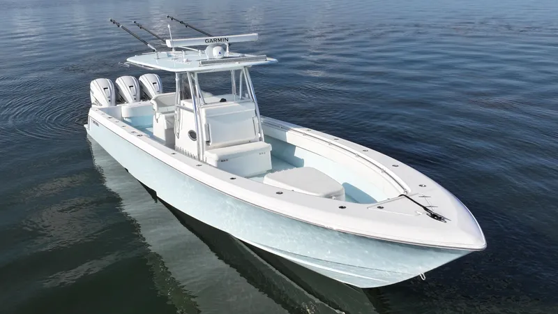  Yacht Photos Pics 2021 Contender 39 ST boat with triple engines on calm water.