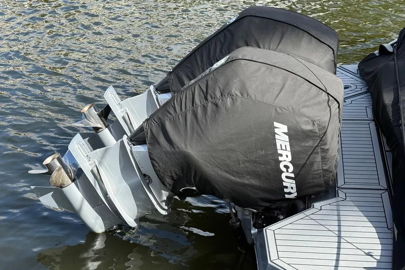  Yacht Photos Pics Twin Mercury outboard engines on 2021 Cruisers Yachts 338 CX South Beach Bow Rider.