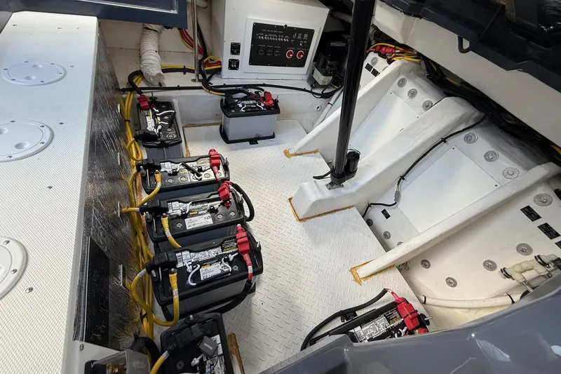  Yacht Photos Pics Engine compartment of 2021 Cruisers Yachts 338 CX South Beach Bow Rider with multiple batteries.
