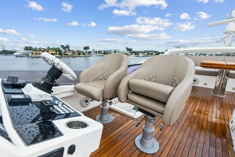 Miller Time Yacht Photos Pics Luxurious 2021 Sunseeker Manhattan 52 yacht helm with leather seats and wooden deck.