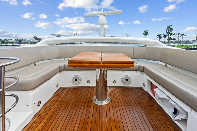 Miller Time Yacht Photos Pics Luxurious 2021 Sunseeker Manhattan 52 yacht deck with elegant seating and wooden table.