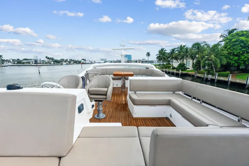 Miller Time Yacht Photos Pics Luxurious 2021 Sunseeker Manhattan 52 yacht deck with elegant seating and scenic waterfront view.