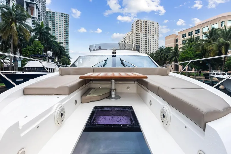 Miller Time Yacht Photos Pics Luxurious 2021 Sunseeker Manhattan 52 yacht with spacious deck seating and cityscape backdrop.