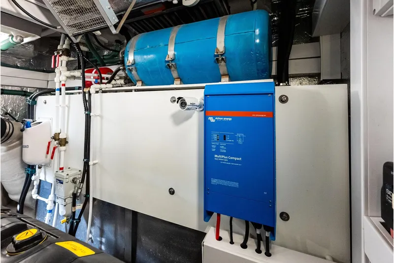 Miller Time Yacht Photos Pics Engine room of 2021 Sunseeker Manhattan 52 yacht with Victron Energy equipment.