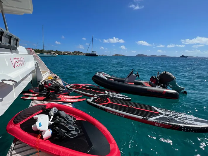 Vienna Yacht Photos Pics Fountaine Pajot Aura 51 Catamaran with water sports gear and inflatable boat, 2022 model.