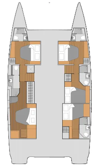 Vienna Yacht Photos Pics Floor plan of 2022 Fountaine Pajot Catamaran Aura 51, showcasing cabin layout and amenities.