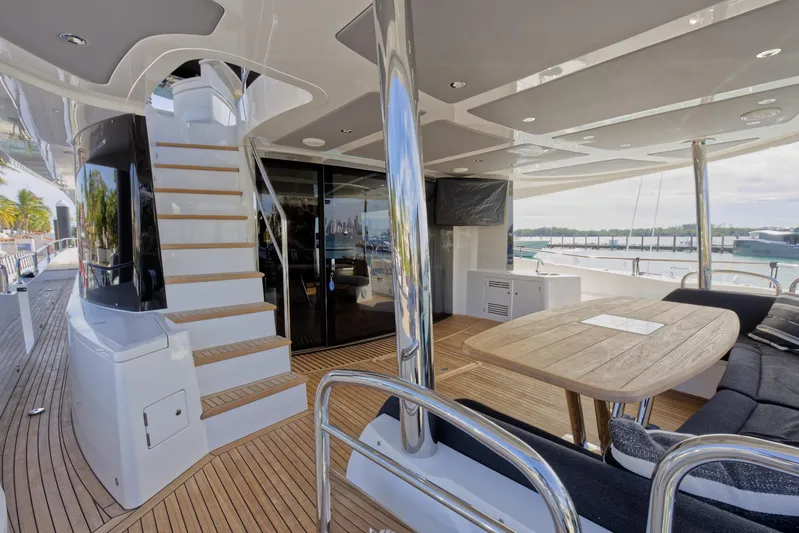Alexa Yacht Photos Pics Sunseeker 86 Yacht 2018 model, spacious deck with seating and dining area.
