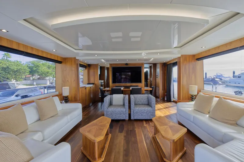 Alexa Yacht Photos Pics Luxurious interior of 2018 Sunseeker 86 Yacht with modern furnishings and large windows.