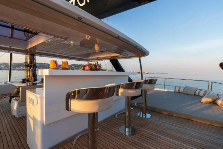 Endless Horizon II Yacht Photos Pics Luxurious Sunreef 80 Sail yacht deck with bar and seating, 2022 model, at sunset.