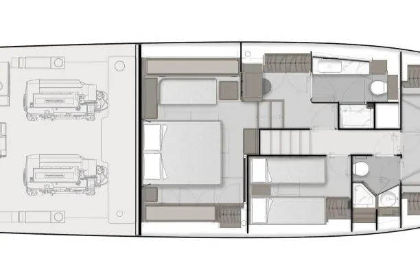 Aslid Yacht Photos Pics Floor plan of 2025 Ferretti Yachts 580, showcasing cabin layout and engine room.