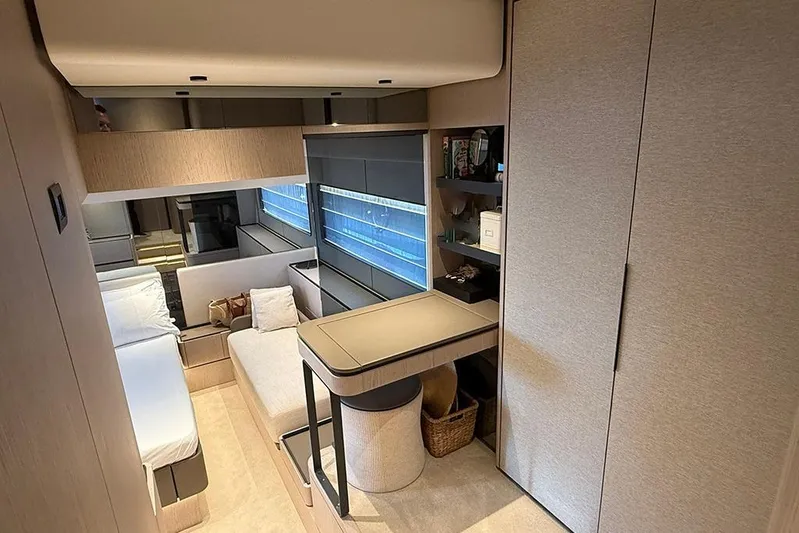 Aslid Yacht Photos Pics Luxurious interior of 2025 Ferretti Yachts 580, featuring modern design and elegant furnishings.