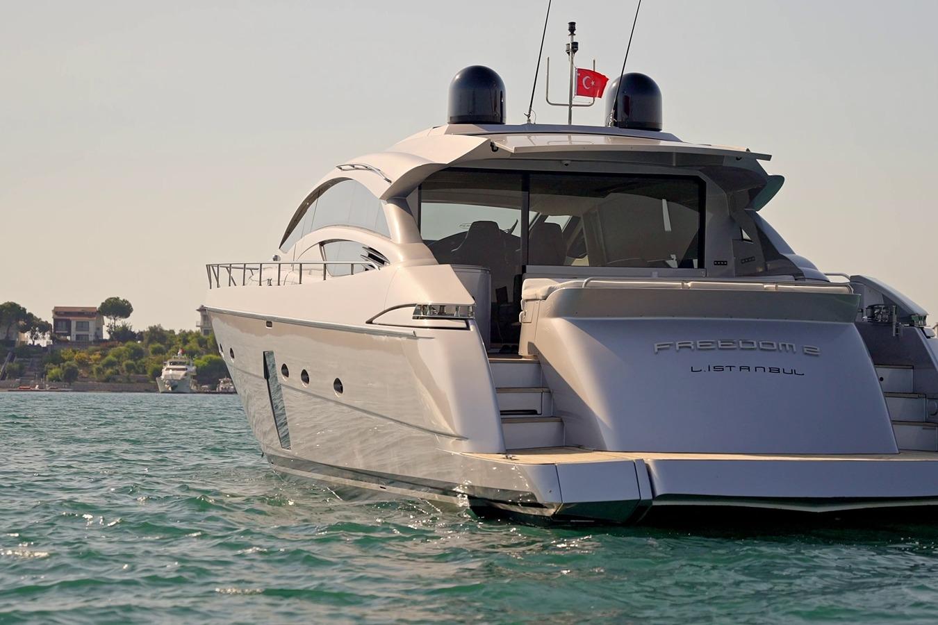 Luxury 2010 Pershing 72 yacht on water, rear view with Turkish flag.