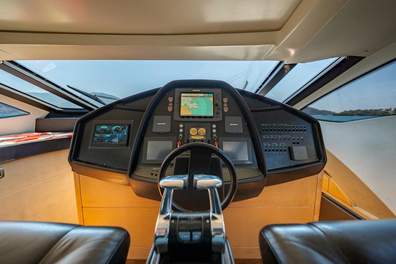 Cockpit of 2010 Pershing 72 yacht with navigation controls and display screens.