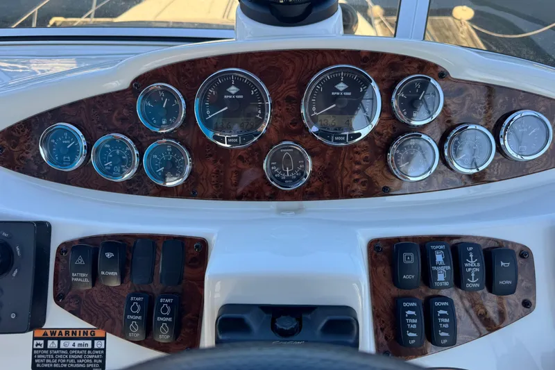 Old Hickory Yacht Photos Pics Dashboard of a 2008 Meridian 391 Sedan boat with gauges and controls.