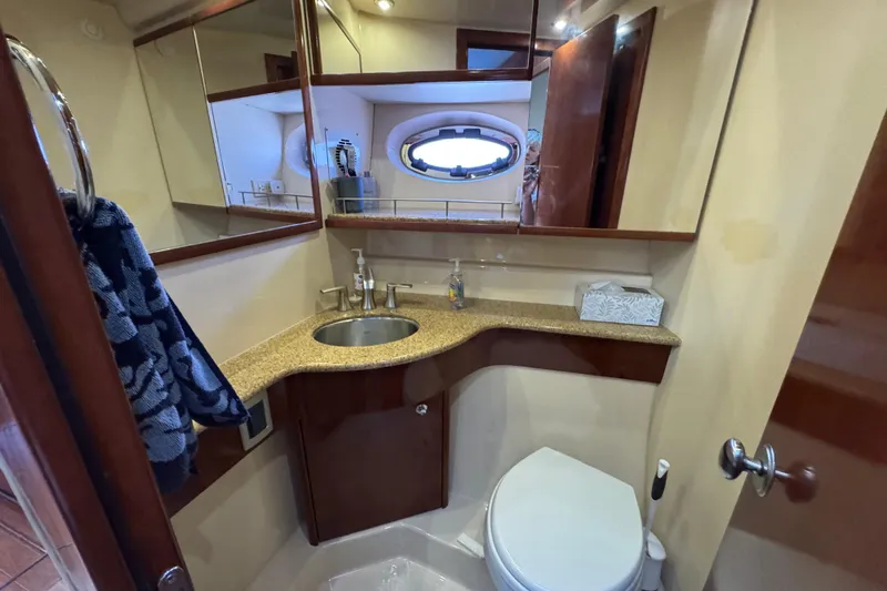 Old Hickory Yacht Photos Pics Luxurious bathroom in 2008 Meridian 391 Sedan yacht with modern fixtures and elegant design.