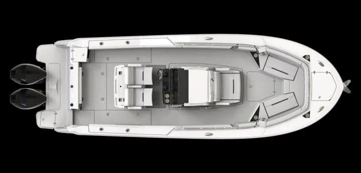  Yacht Photos Pics Top view of 2022 Blackfin 272 CC boat with dual outboard motors.