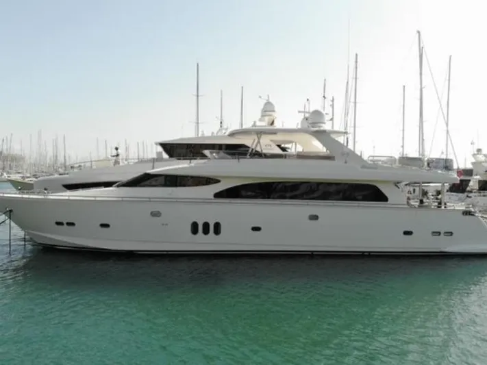  Yacht Photos Pics Luxury yacht Horizon Elegance 90 Mega, 2008 model, docked in a marina.