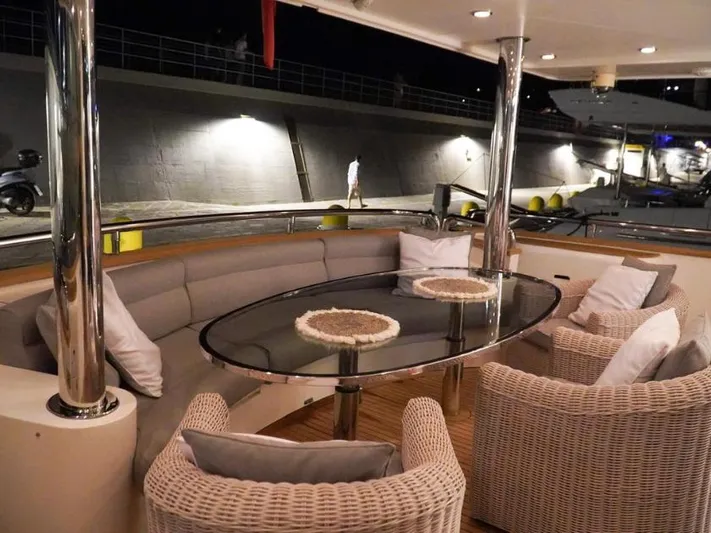  Yacht Photos Pics Luxurious yacht deck with elegant seating, glass table, and ambient lighting, Horizon Elegance 90 Mega 2008.