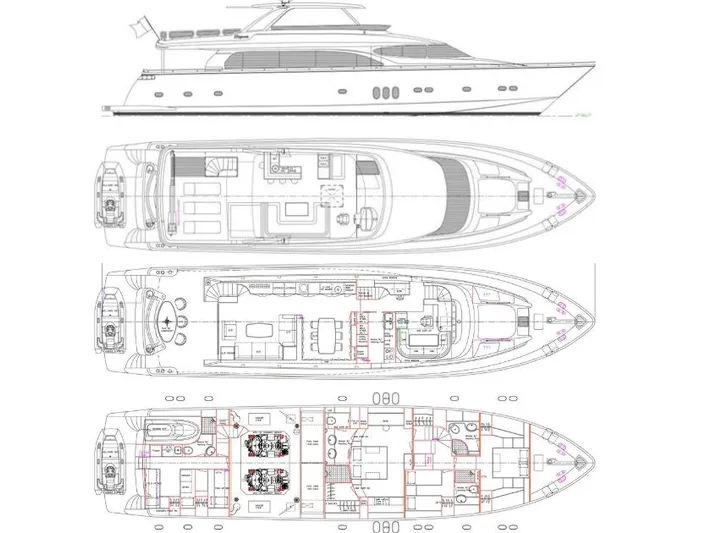  Yacht Photos Pics Blueprint of 2008 Horizon Elegance 90 Mega yacht, showcasing detailed deck layouts.