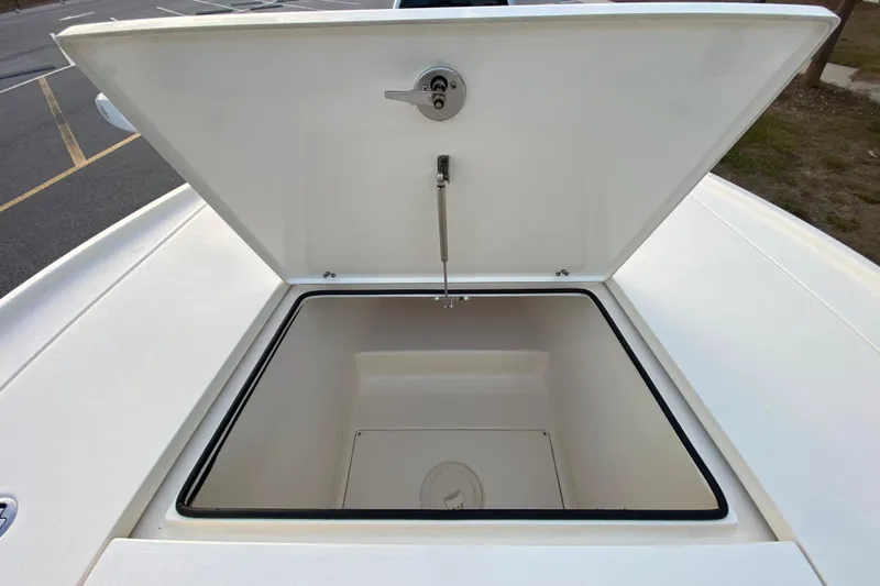  Yacht Photos Pics Open storage compartment on 2020 Pathfinder 2500 Hybrid boat deck.