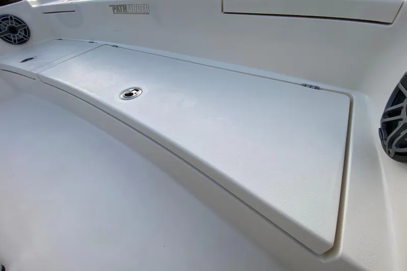  Yacht Photos Pics 2020 Pathfinder 2500 Hybrid boat interior with storage compartment and speakers.