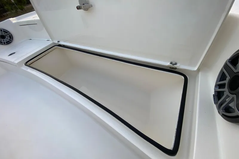  Yacht Photos Pics Open storage compartment on 2020 Pathfinder 2500 Hybrid boat deck.