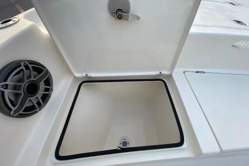  Yacht Photos Pics Open storage compartment on 2020 Pathfinder 2500 Hybrid boat deck.