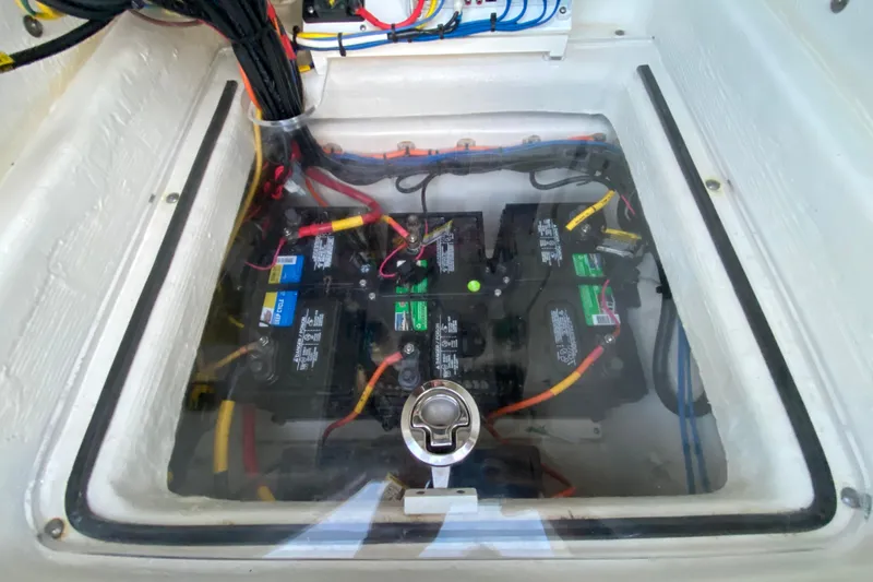  Yacht Photos Pics Battery compartment of 2020 Pathfinder 2500 Hybrid boat with wiring and connections.