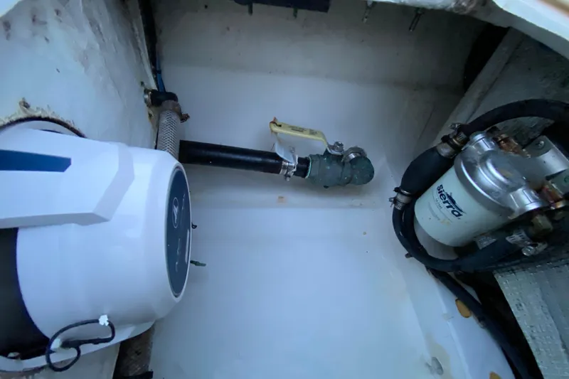  Yacht Photos Pics Boat engine compartment of 2020 Pathfinder 2500 Hybrid with visible components and fittings.