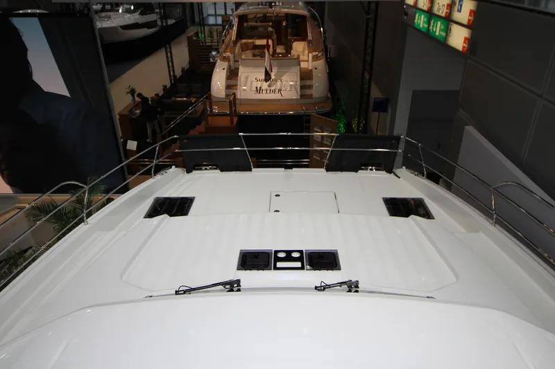  Yacht Photos Pics 2025 Prestige M48 yacht deck view at a boat show.