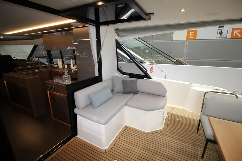  Yacht Photos Pics Luxurious interior of 2025 Prestige M48 yacht with modern seating and elegant design.
