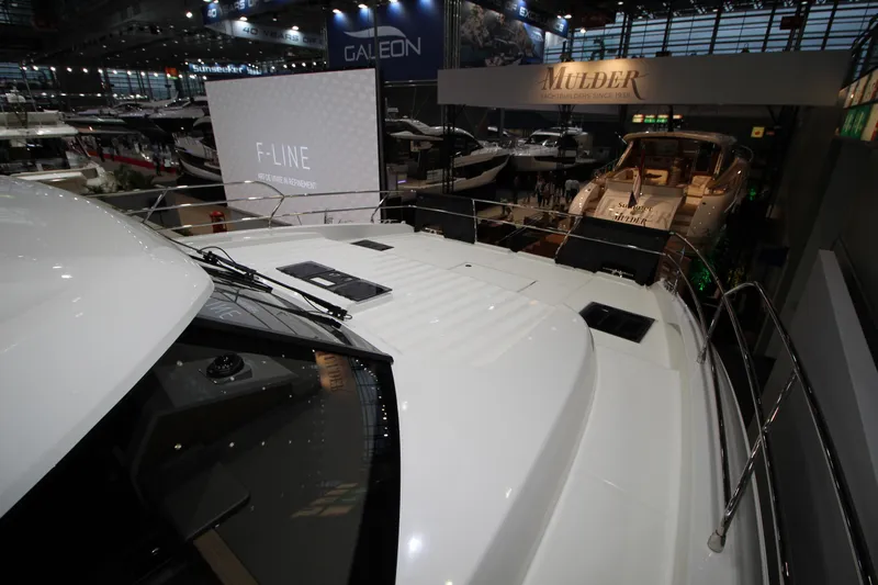  Yacht Photos Pics Prestige M48 yacht showcased at a boat exhibition, 2025 model.