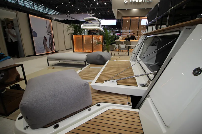  Yacht Photos Pics Luxurious Prestige M48 yacht interior, 2025 model, featuring elegant wood and modern design elements.
