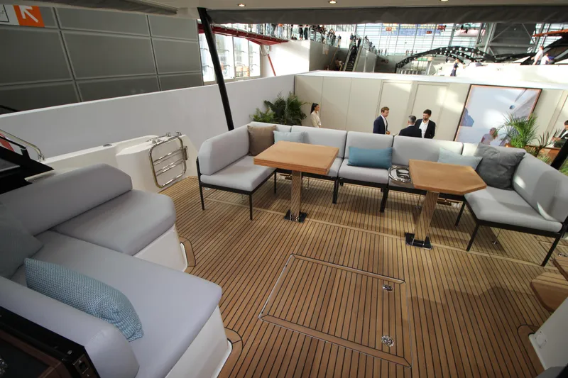  Yacht Photos Pics Luxurious Prestige M48 yacht deck with modern seating, 2025 model.